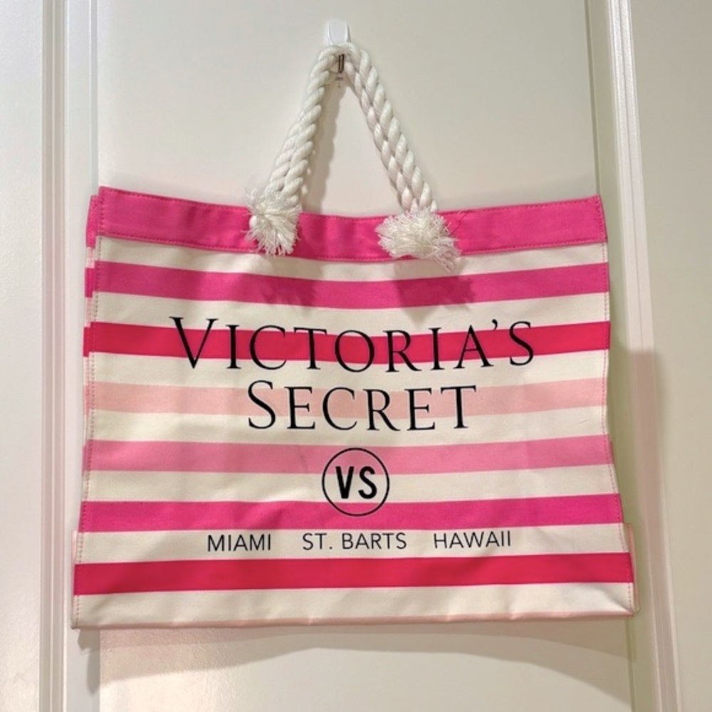 Victoria’s Secret Striped Tote Bag Pink White NWT - Picture 2 of 10
